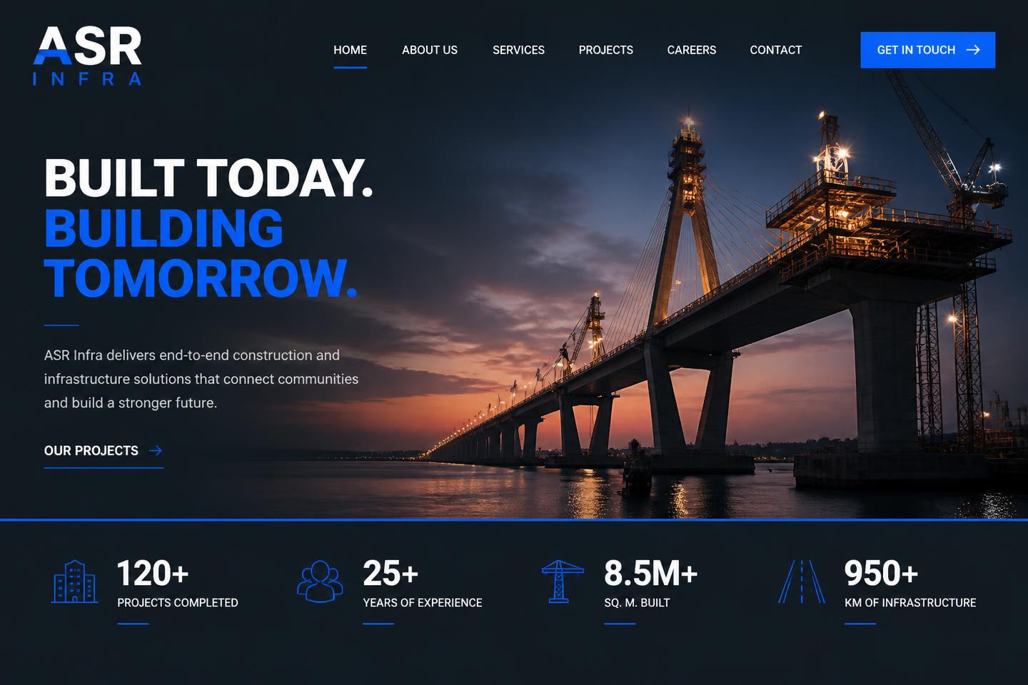 ASR Infra construction company site with a bridge photograph and statistics