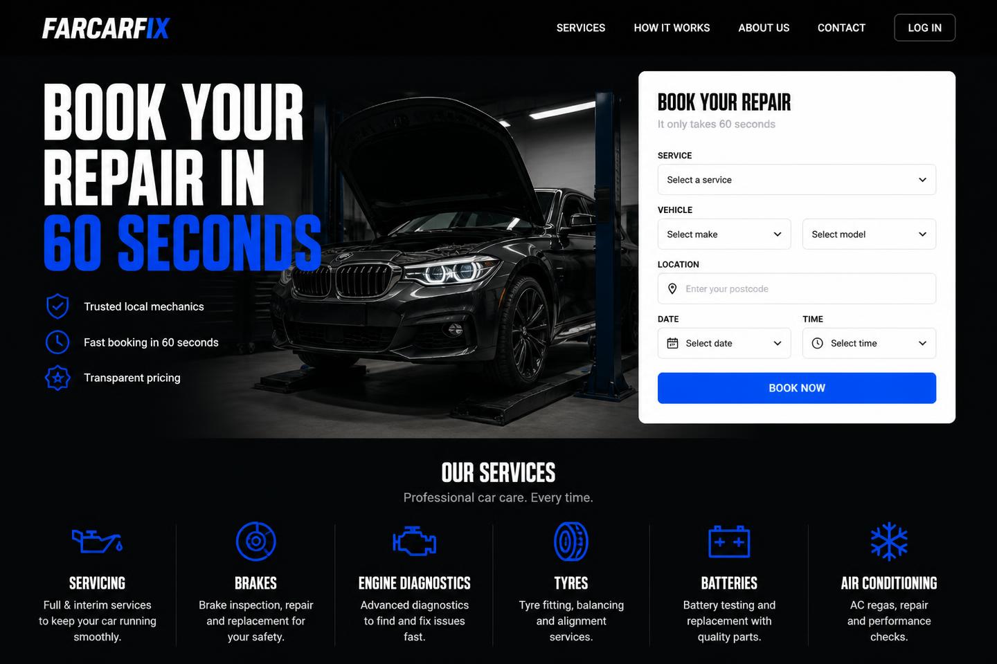 Farcarfix car repair booking site with a bold headline and booking form