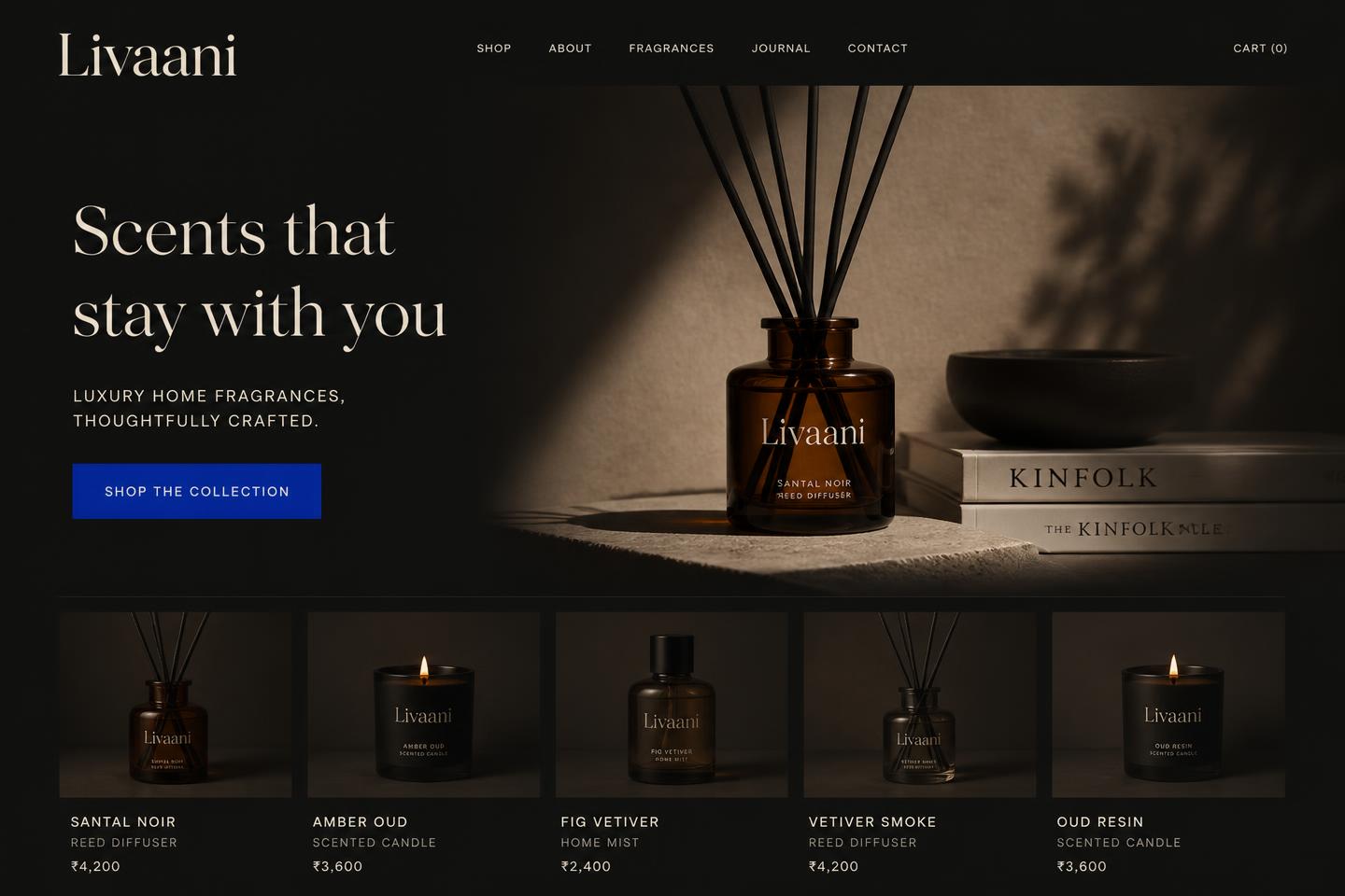 Livaani home fragrance storefront with a dark editorial hero and product row