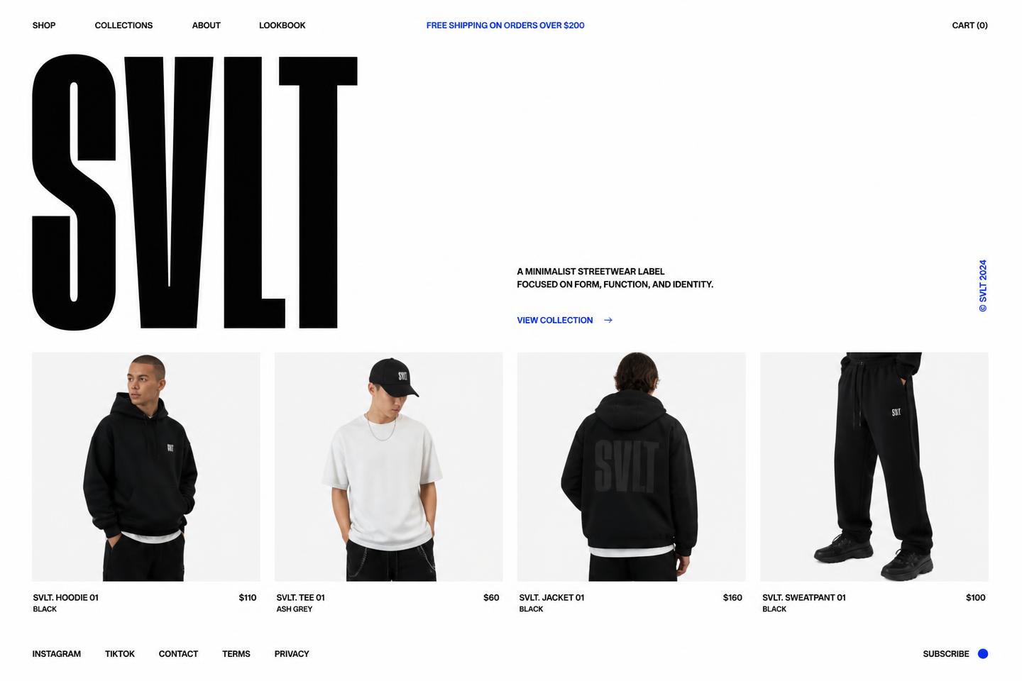 SVLT streetwear store with an oversized logotype and product grid